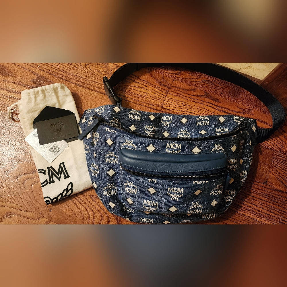 MCM Fursten Visetos Denim Jacquard Nappa Leather Trim Shoulder/ Crossbody Bag